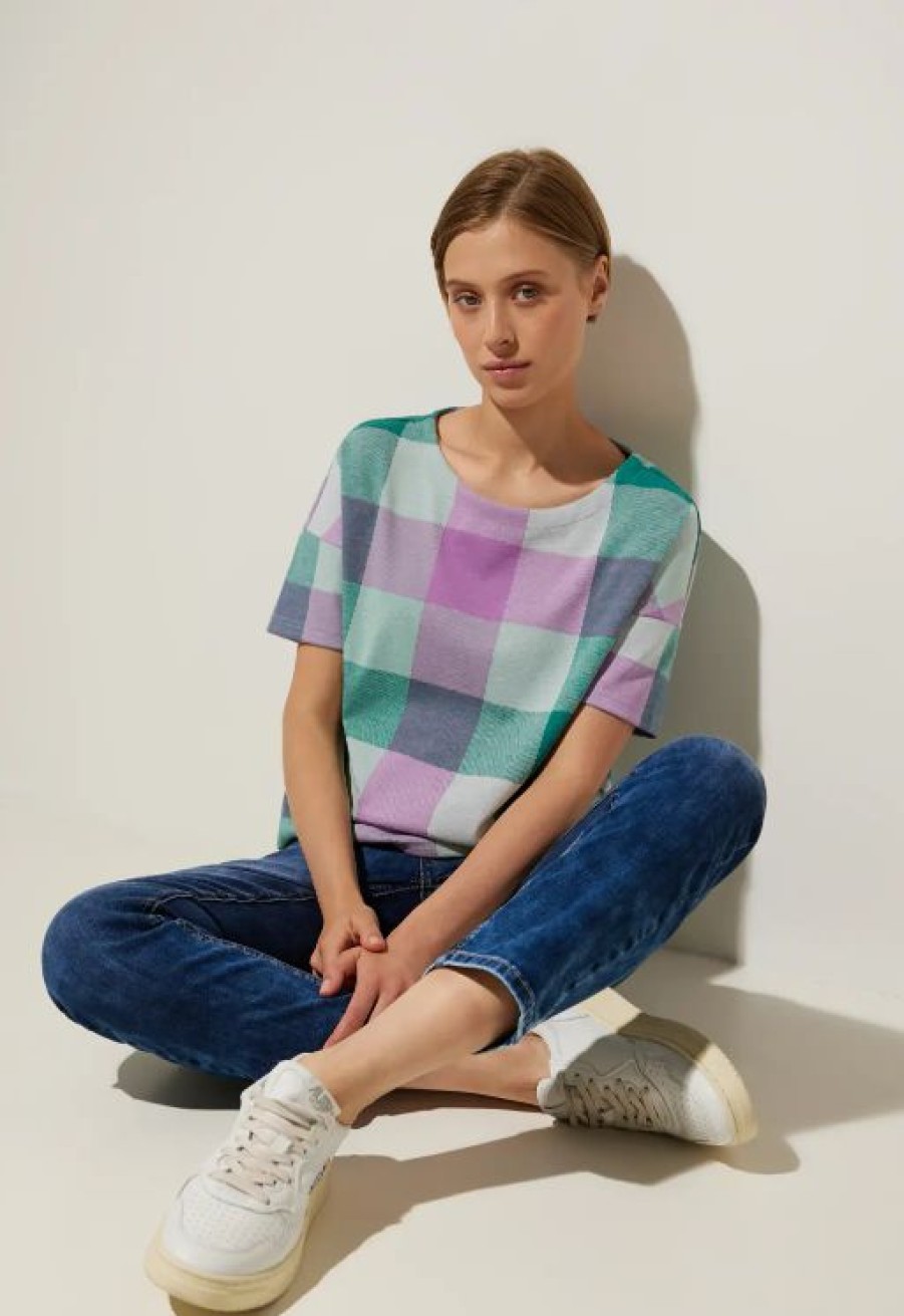 Women-Clothes Street One T-Shirts | Multicolor Check T-Shirt - Meta Lilac |  Bluesandjeans