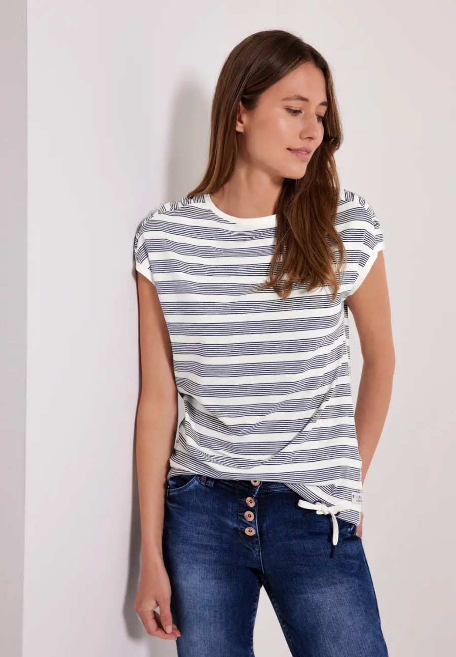 Women-Clothes Cecil T-Shirts | Striped T-Shirt With Pleats - Deep Blue |  Bluesandjeans